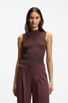 Ribbed top with mock neckline, Dark Brown