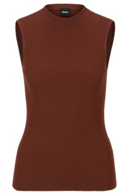 Shop Hugo Boss Sleeveless Mock-neck Top With Ribbed Structure In Brown