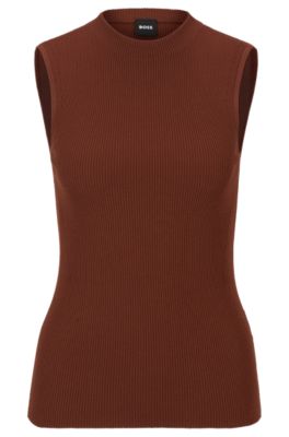 Hugo Boss Sleeveless Mock-neck Top With Ribbed Structure In Brown