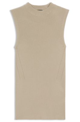 Haut en maille c&ocirc;tel&eacute;e &agrave; col montant, Beige clair