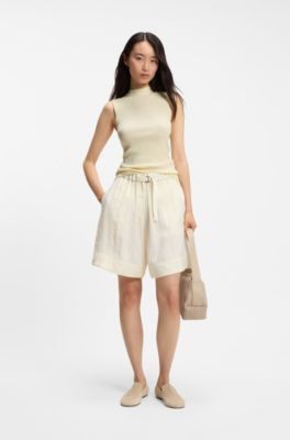 Ribbed top with mock neckline, Light Beige