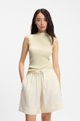 Ribbed top with mock neckline, Light Beige