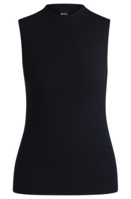 Ribbed top with mock neckline, Dark Blue