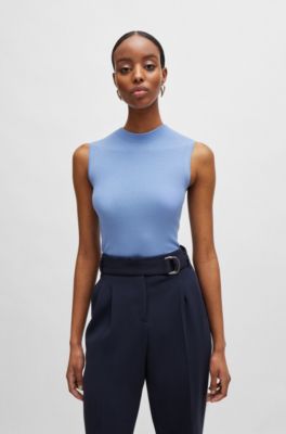 Top de punto de canal&eacute; con cuello caja, Azul