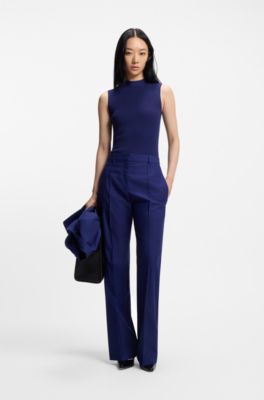 Haut en maille c&ocirc;tel&eacute;e &agrave; col montant, Turquoise