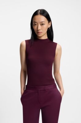 Ribbed top with mock neckline, Dark Purple