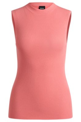 Hugo Boss Sleeveless Mock-neck Top In Ribbed Fabric In Light Purple
