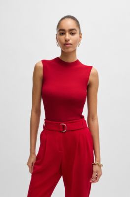 Ribbed top with mock neckline, Red