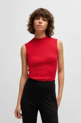 Ribbed top with mock neckline, Red