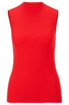 Hugo Boss Sleeveless Mock-neck Top With Ribbed Structure In Light Red