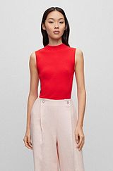 Sleeveless mock-neck top with ribbed structure, Light Red