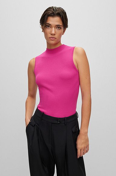 Sleeveless mock-neck top with ribbed structure, Pink
