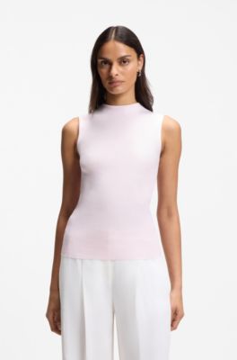 Top de punto de canal&eacute; con cuello caja, Rosa claro