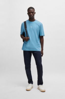 Stretch-cotton T-shirt with contrast logo, Light Blue