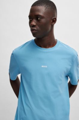 Stretch-cotton T-shirt with contrast logo, Light Blue