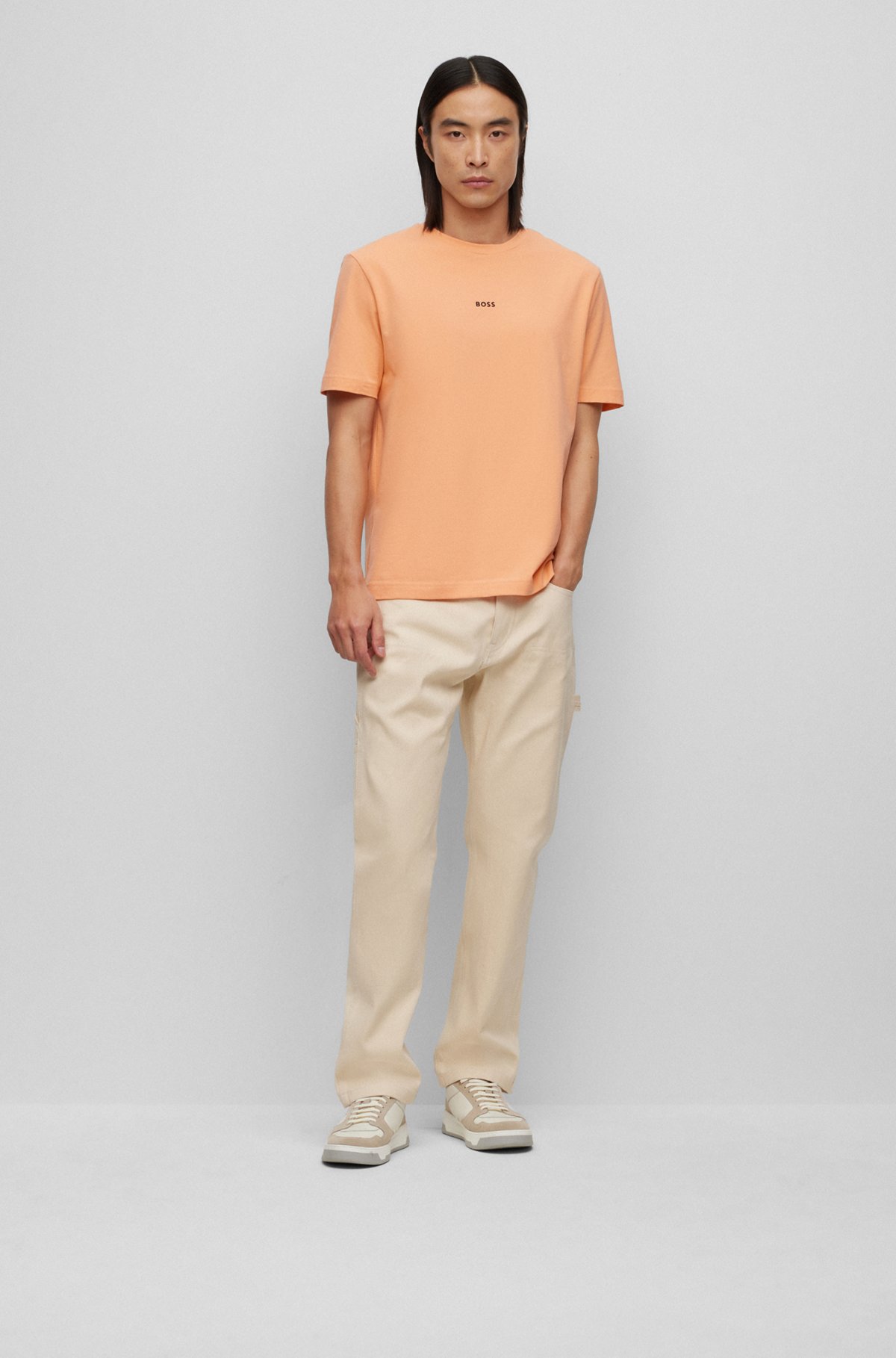 Relaxed-fit T-shirt in stretch cotton with logo print, Light Orange