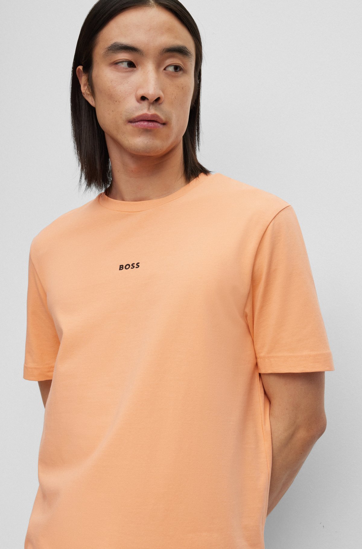 Relaxed-fit T-shirt in stretch cotton with logo print, Light Orange