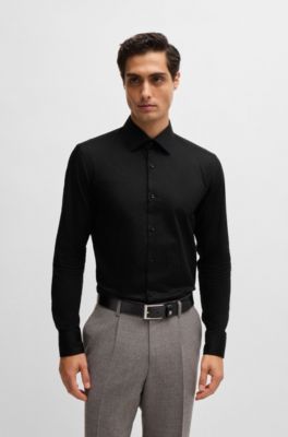 Camisa slim fit de algod&oacute;n italiano con iniciales en jacquard, Negro