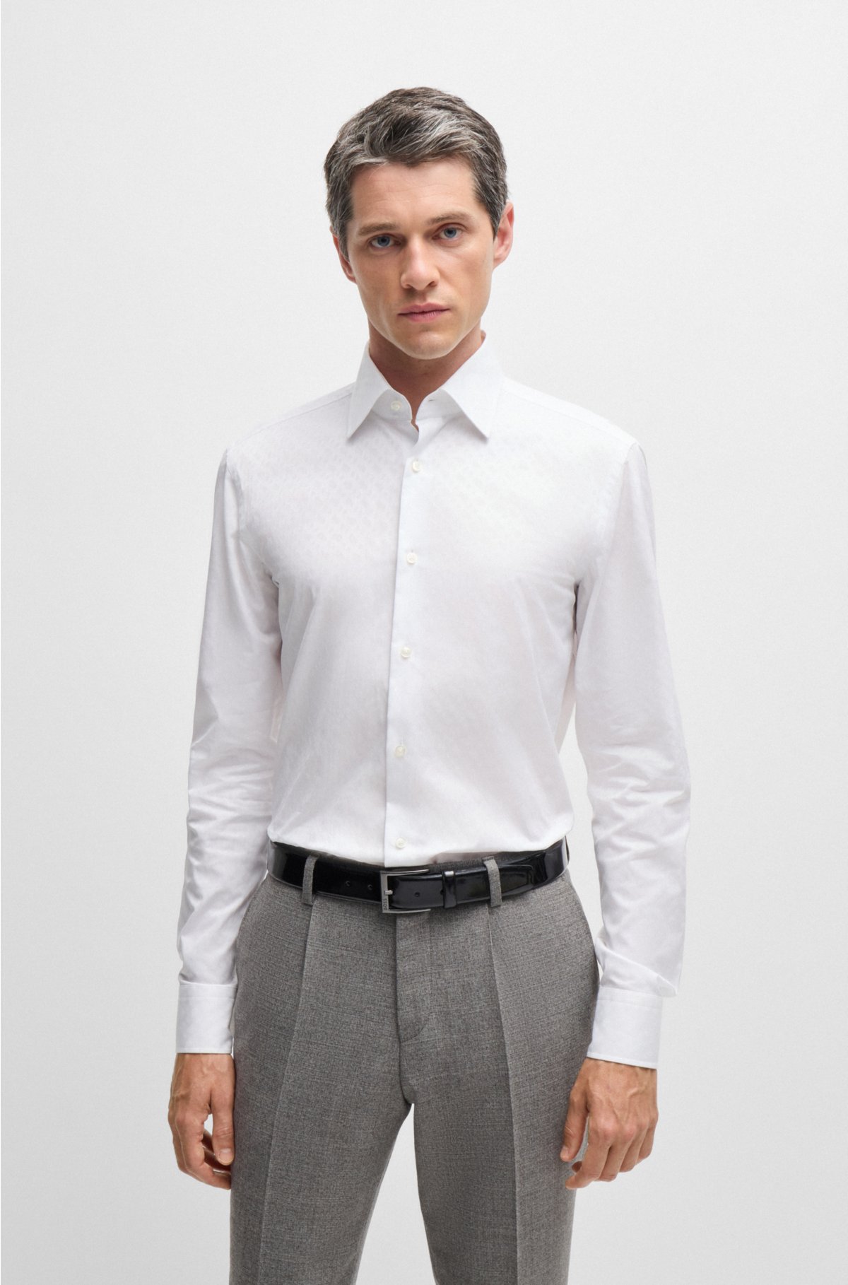 Eh Trivial bordillo BOSS - Slim-fit shirt in Italian cotton with jacquard monograms