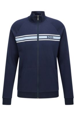 BOSS - Cotton-terry jacket with logo and stripes
