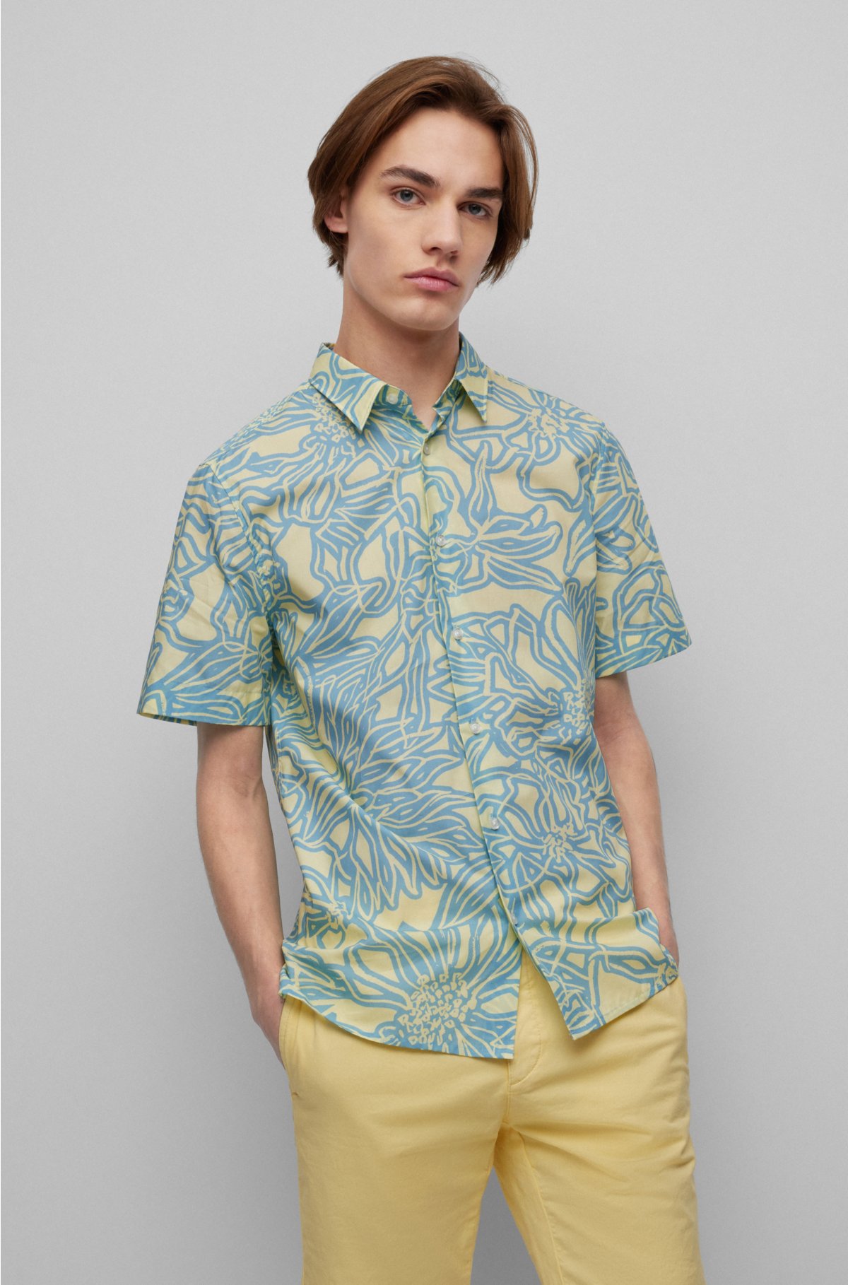 Relaxed-fit shirt in foliage-print cotton canvas