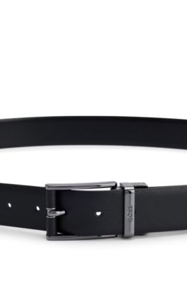 Reversible belt in smooth and structured Italian leather, Black