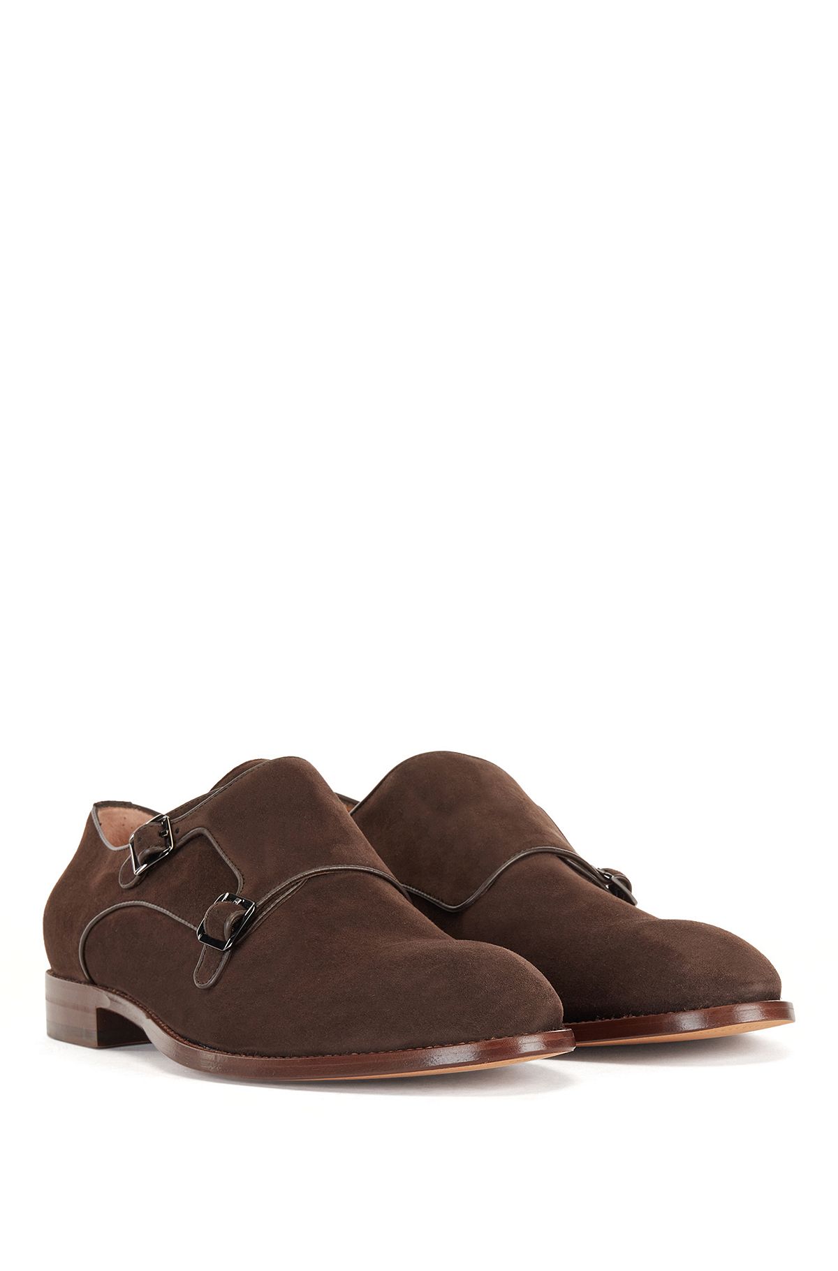 Italian double-monk shoes with suede uppers, Dark Brown