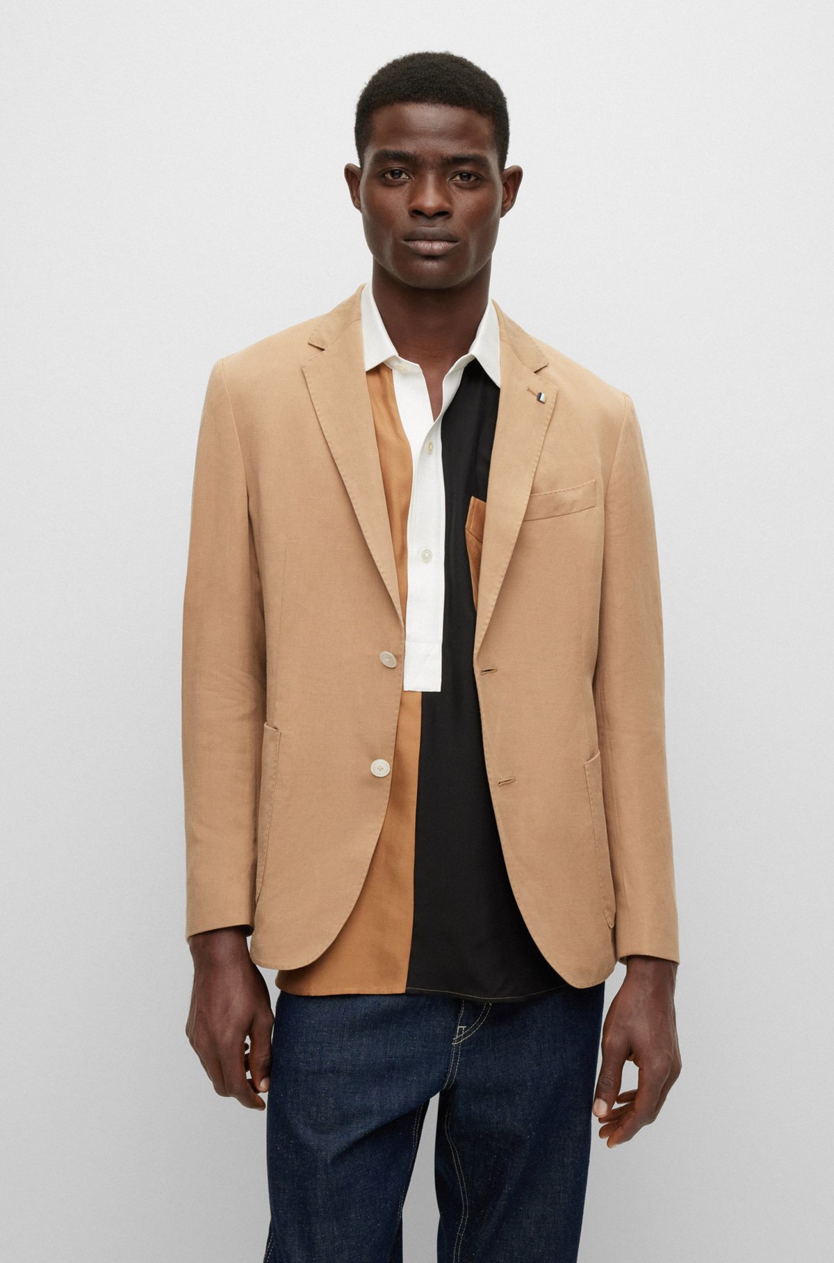 BOSS - Slim-fit jacket with signature-stripe lapel pin