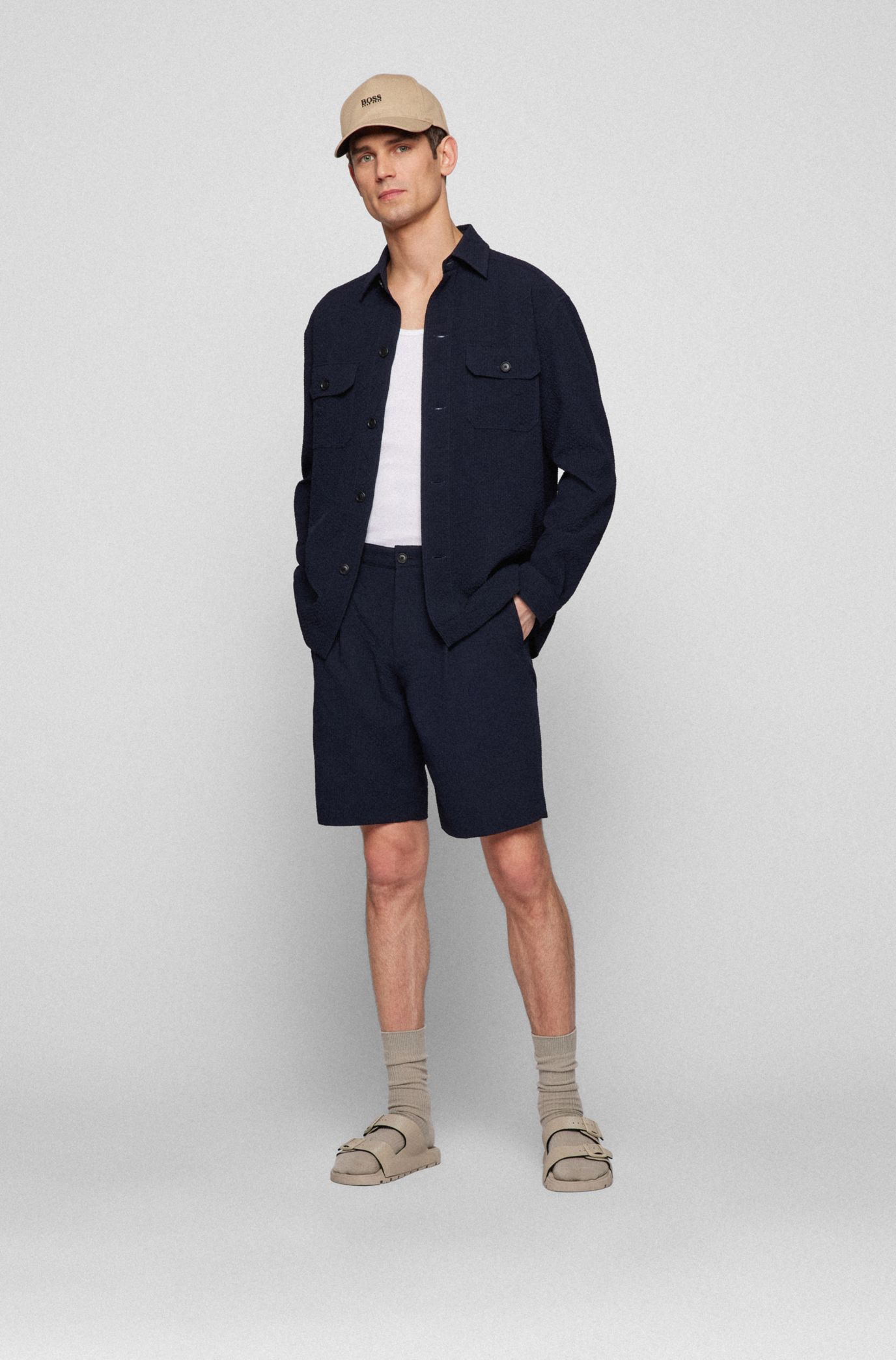 BOSS Tapered fit shorts in performance stretch seersucker