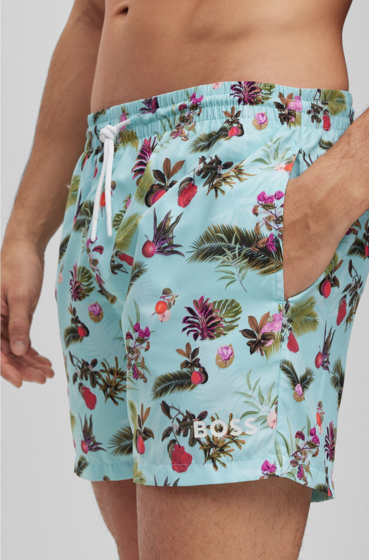 Floral-print swim shorts with logo detail, Light Green