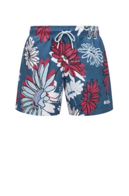 Hugo Boss Floral-print Swim Shorts With Logo Detail In Blue