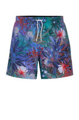 Shop Hugo Boss Floral-print Swim Shorts With Logo Detail In Blue