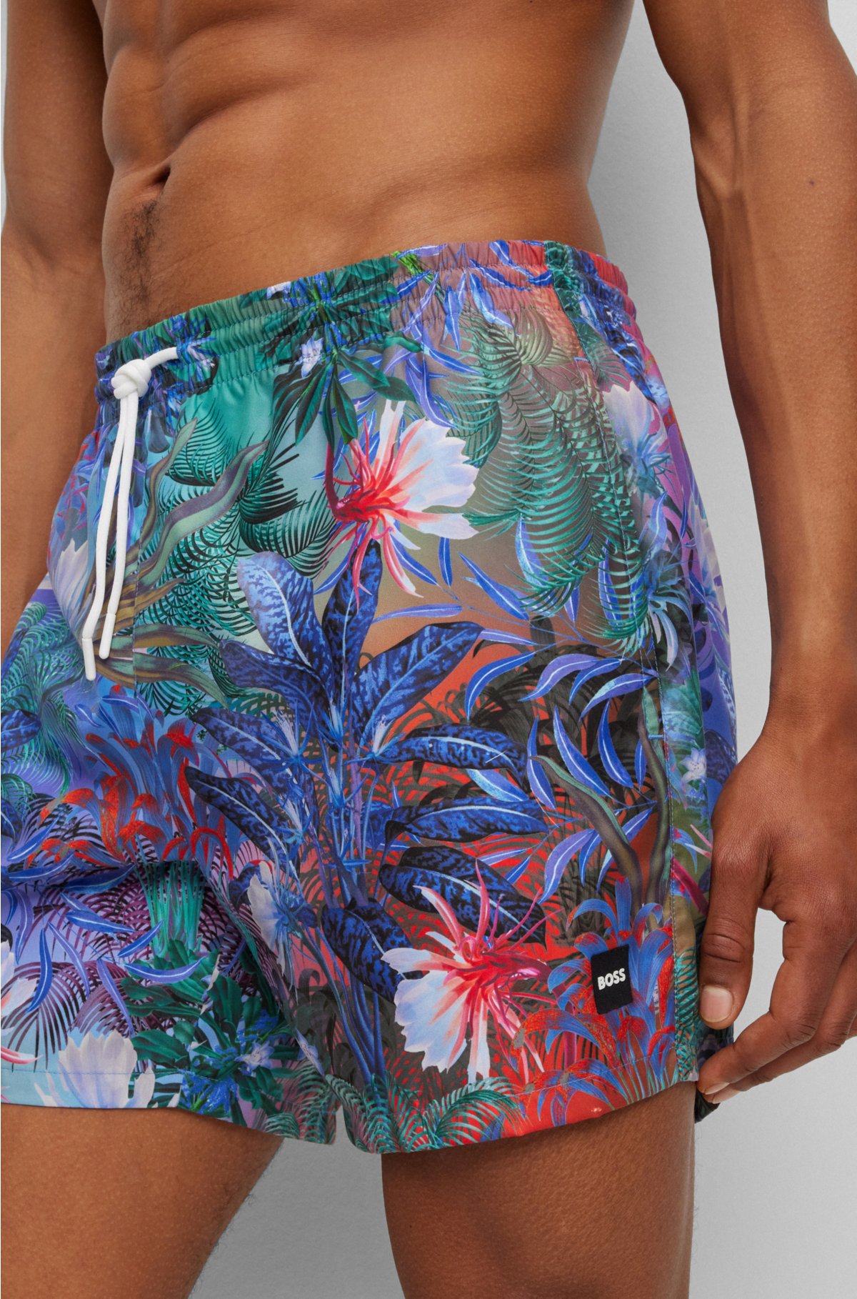 Floral-print swim shorts with logo detail, Blue