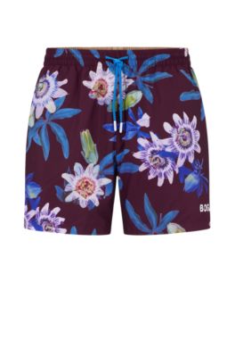 Shop Hugo Boss Floral-print Swim Shorts With Logo Detail In Dark Purple