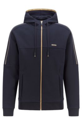 BOSS - Cotton-blend zip-up hoodie with striped shoulder panels