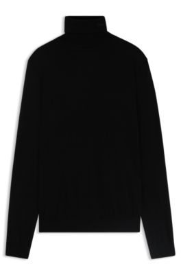 Jersey de cuello vuelto en lana merina con logo bordado, Negro