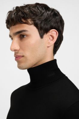 Merino wool turtleneck sweater with embroidered logo, Black