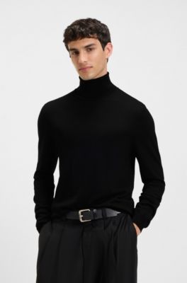 Merino wool turtleneck sweater with embroidered logo, Black