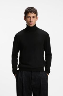 Pull &agrave; col roul&eacute; en laine m&eacute;rinos avec logo brod&eacute;, Noir