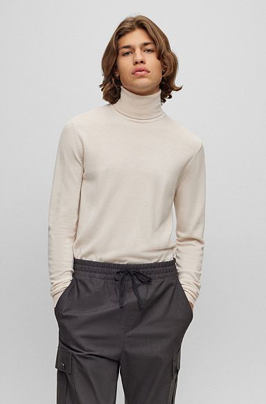 Regular-fit rollneck sweater in wool, Light Beige