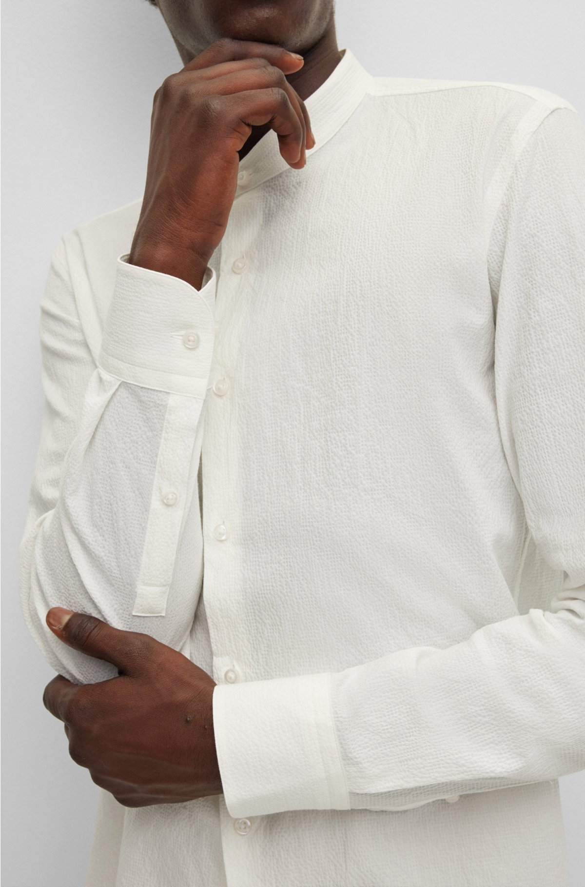 HUGO - Collarless slim-fit shirt in linen with stand collar