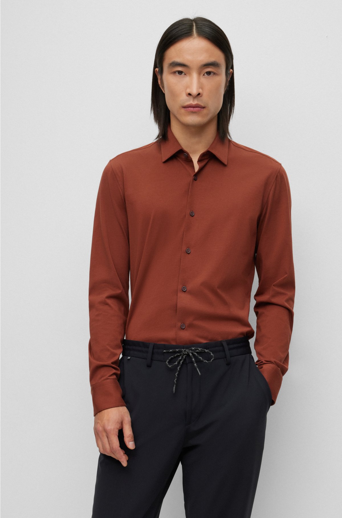 Slim-fit shirt in performance-stretch cotton-blend jersey, Brown