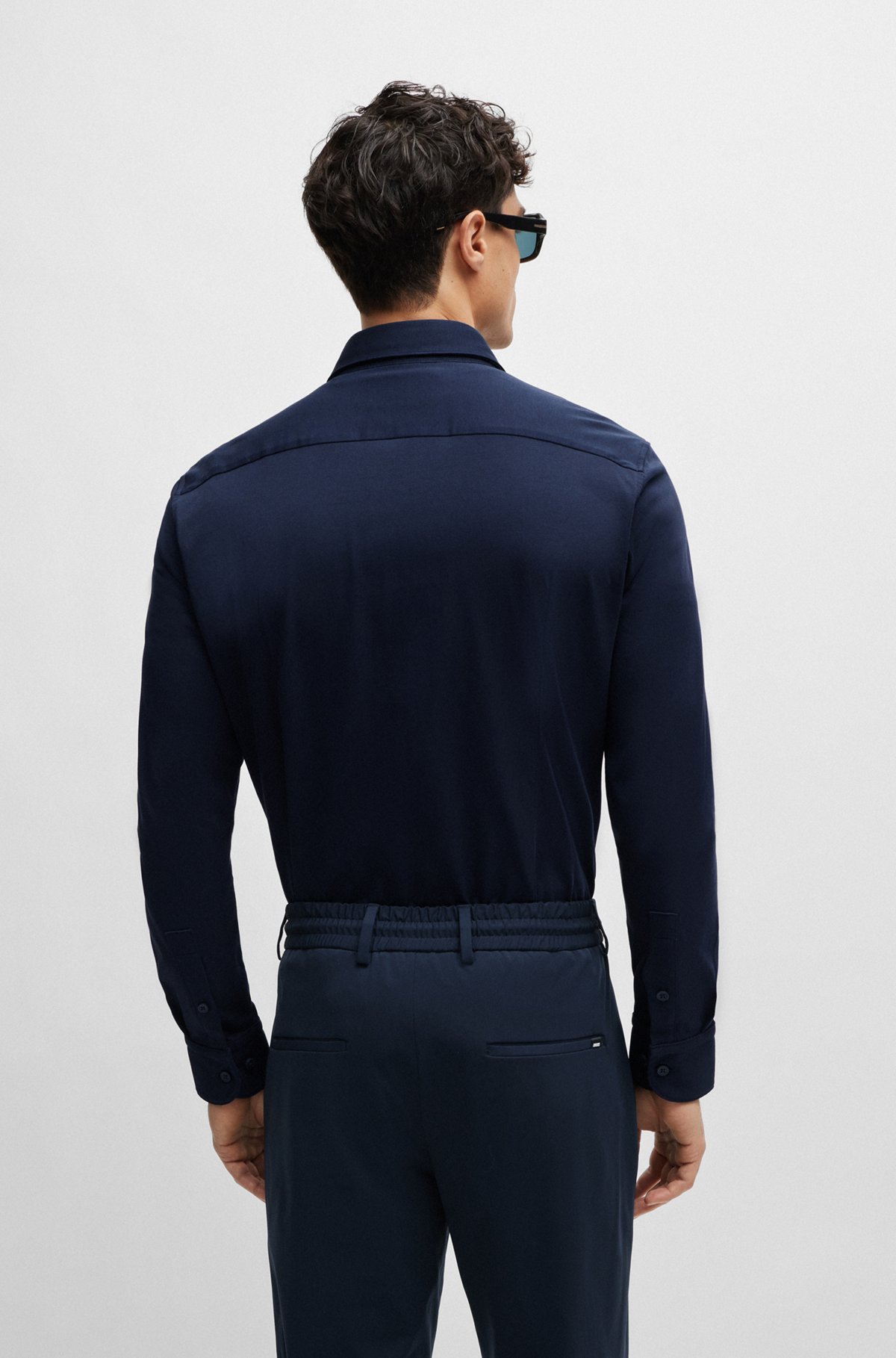 Slim-fit shirt in performance-stretch jersey, Dark Blue