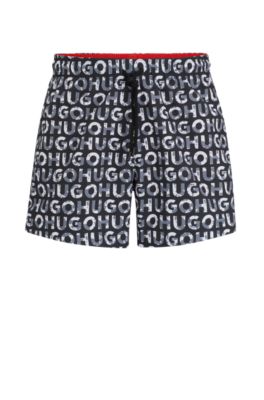 Hugo -material Swim Shorts With Logo Print In Black