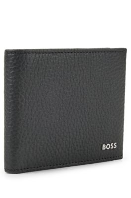 Grained Italian-leather wallet with metal logo lettering, Black