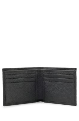 Grained Italian-leather wallet with metal logo lettering, Black