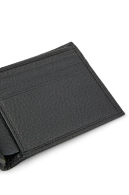 Grained Italian-leather wallet with metal logo lettering, Black