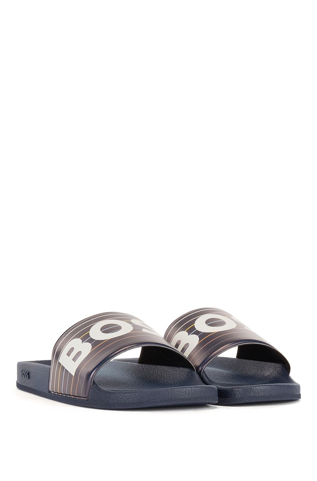 Italian-made slides with stripes and logo, Light Blue