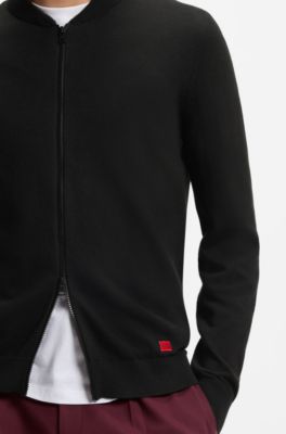 Knitted-cotton bomber cardigan with red logo label, Black