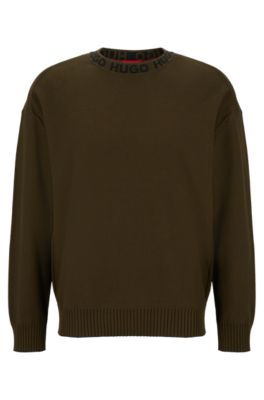 Hugo Organic-cotton Oversize-fit Sweater With Logo Collar In Dark Green